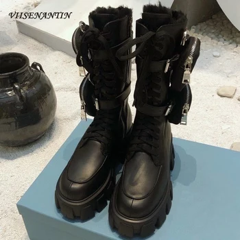 

Height Increasing Genuine Leather Round Toe Mid-Calf Motorcycle Boots Plush Velvet Pockets Brand Designer Triangle Long Boots