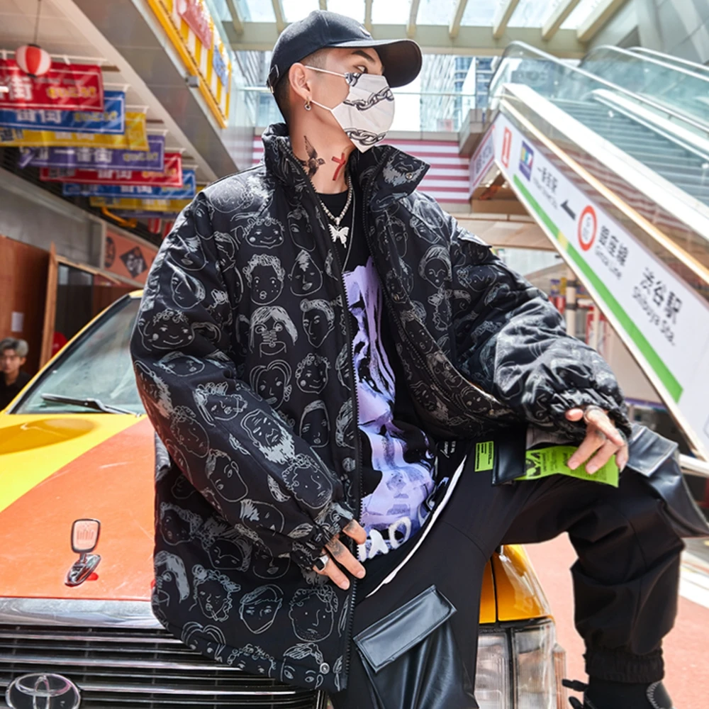 

2020 Winter New High Quality Men Printed Stand-up Collar Loose Hip Hop High Street Warm Men's Cotton-padded Clothes