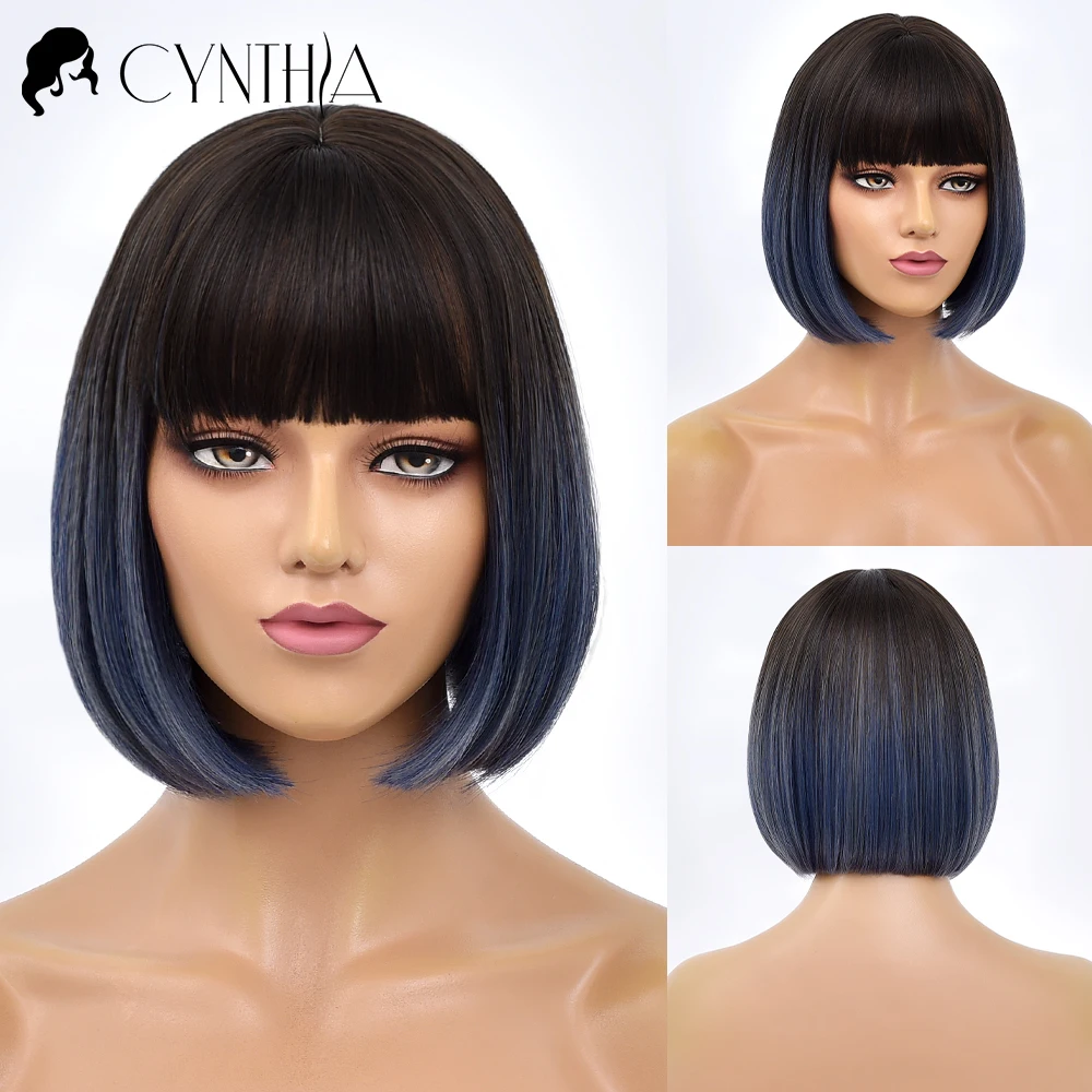 Short Straight Black To Blue Ombre Bob Daily Synthetic Wigs For Women With Bangs Heat Resistant Fiber Cosplay Hair Bob Wig