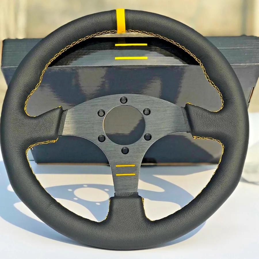 Volante Sportivo Da 13 ''Volante Volante Piatto Da 330Mm In Vera Pelle Per Pc Cuciture Rosse/Gialle