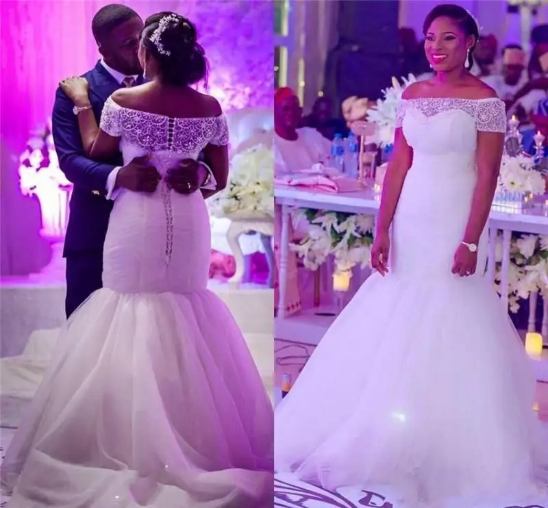 

New African Sexy Plus Size Mermaid Wedding Dresses with Short Sleeves Vintage Off Shoulder Beades Long Bridal Gowns
