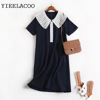 

Chiffon Dress Summer Navy Blue Short-Sleeved 2020 New Large Size Slim Dress Mid-Length with Thin Elegant Office Dress