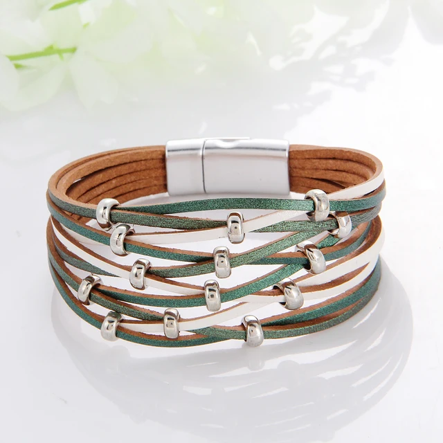 WYBU Multilayer Leather Bracelet For Women Magnet Clasp Charm Braided Wide Wrap Bracelets Bangles Female Bohemian Style Jewelry 3