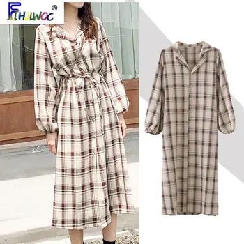 

2020 Spring Fall Basic Dresses Women Cute Sweet Korea Style Design Clothes Plaid Shirt Dress Long 1818