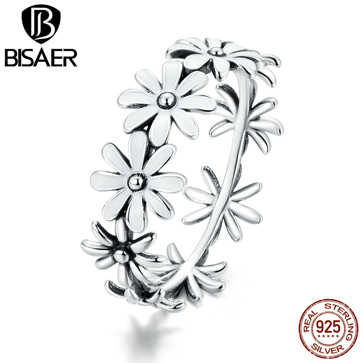

BISAER 100% 925 Sterling Silver Little Daisy Rings for Romantic Women Crystal CZ Wedding Finger Ring Jewelry ECR670