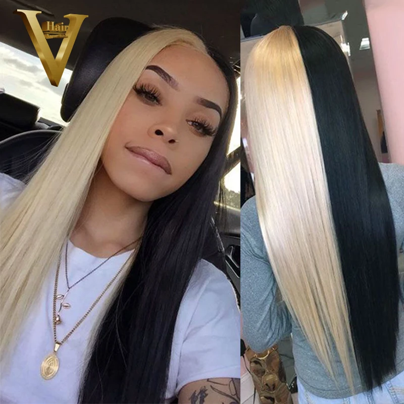 Half Blue Half Blonde Wig Ombre Colored Straight Human Hair Wigs Brazilian Remy Purple Red Colored Wigs For Women Pre Plucked Human Hair Lace Wigs Aliexpress