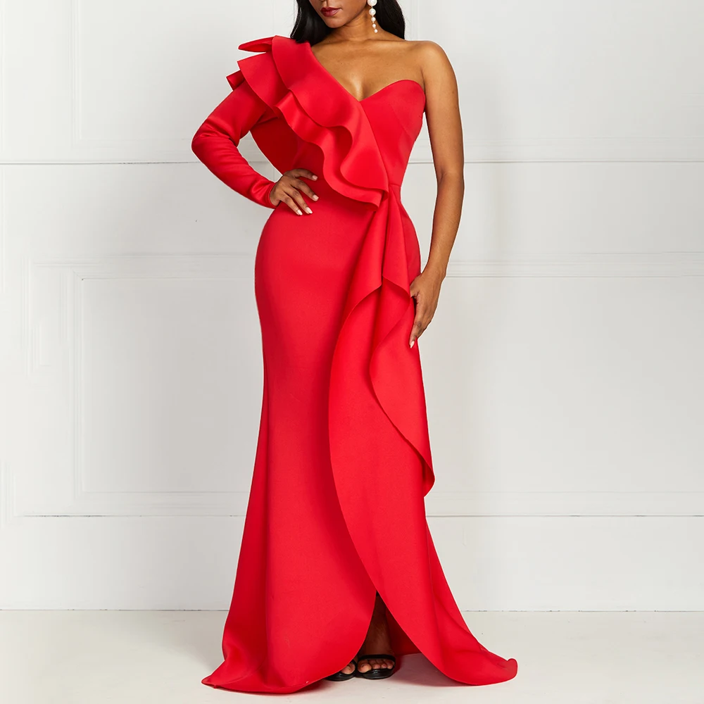 

Style Elegant Party Sexy Vintage Women Long Dresses One Shoulder Bodycon Split Female Ruffles Maxi Red Dress