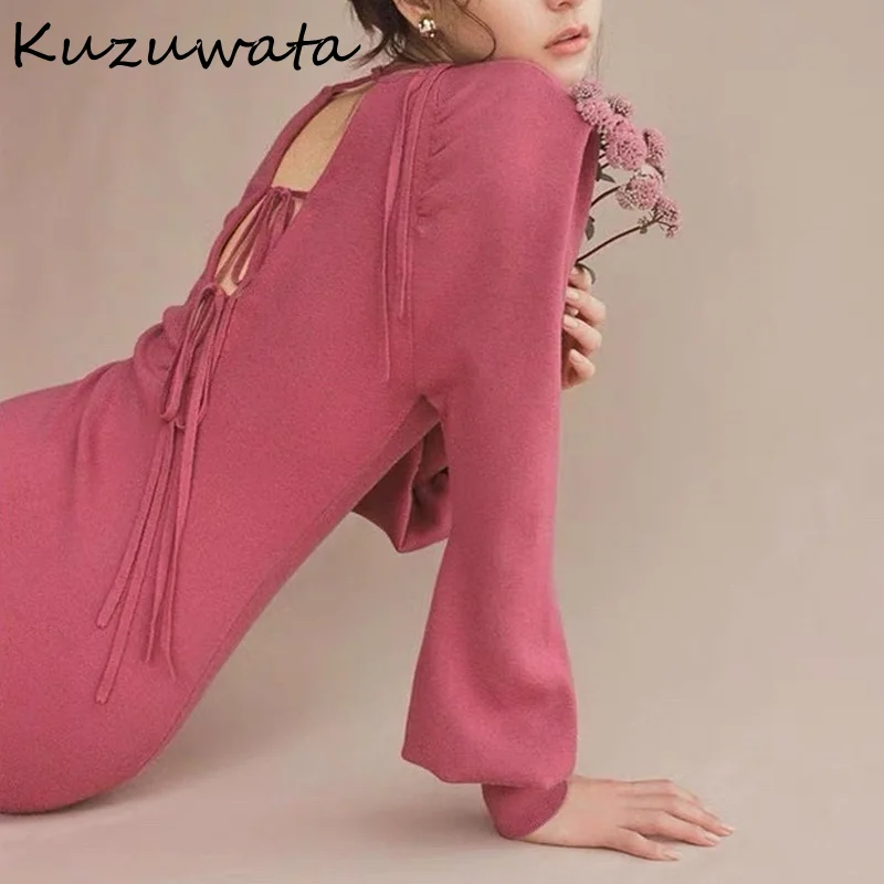 Женское трикотажное платье Kuzuwata однотонное с длинным рукавом и завышенной