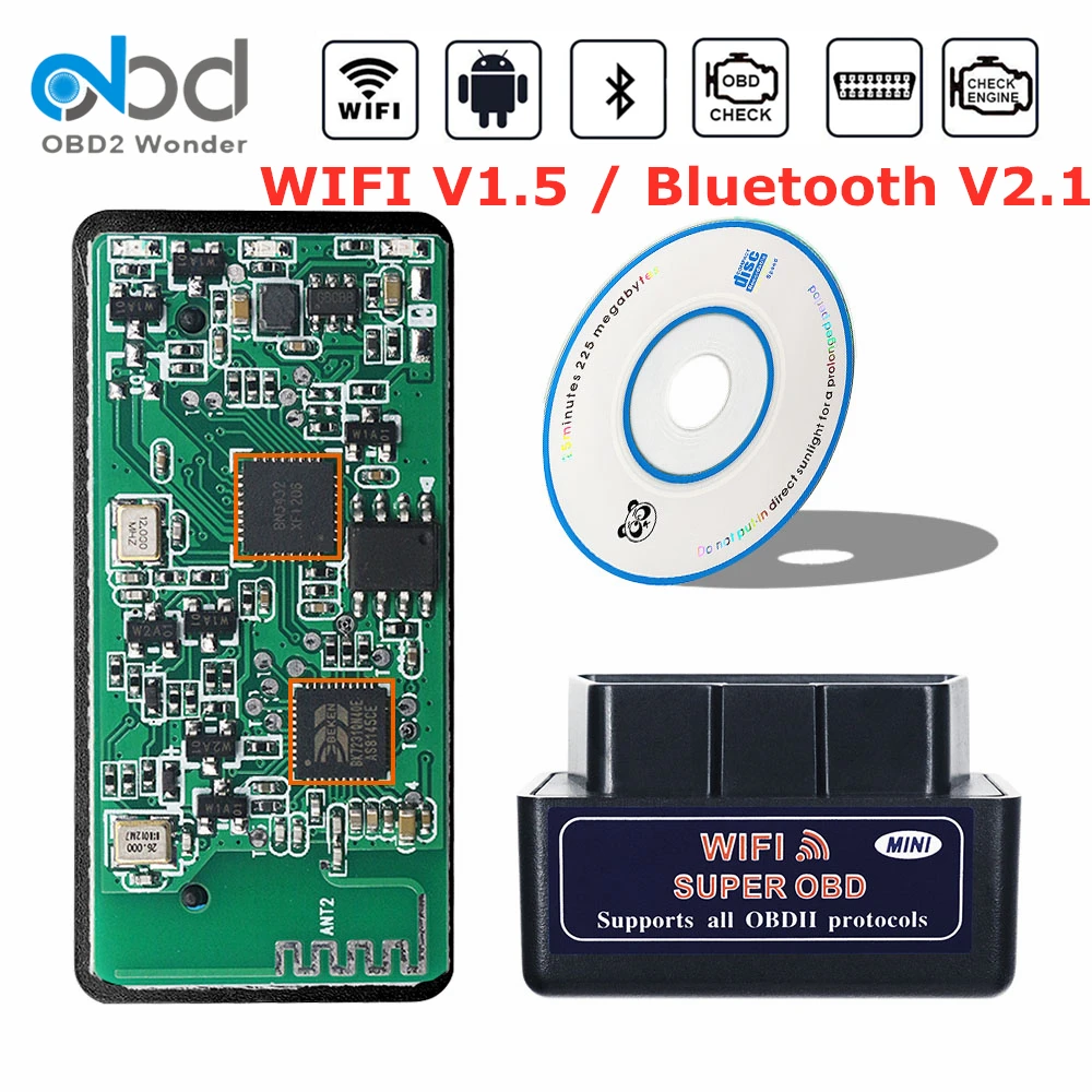 Сканер ELM327 OBD2 диагностический прибор Bluetooth V2.1 / Wifi V1.5 obd 2 работает на iOS Android Windows с