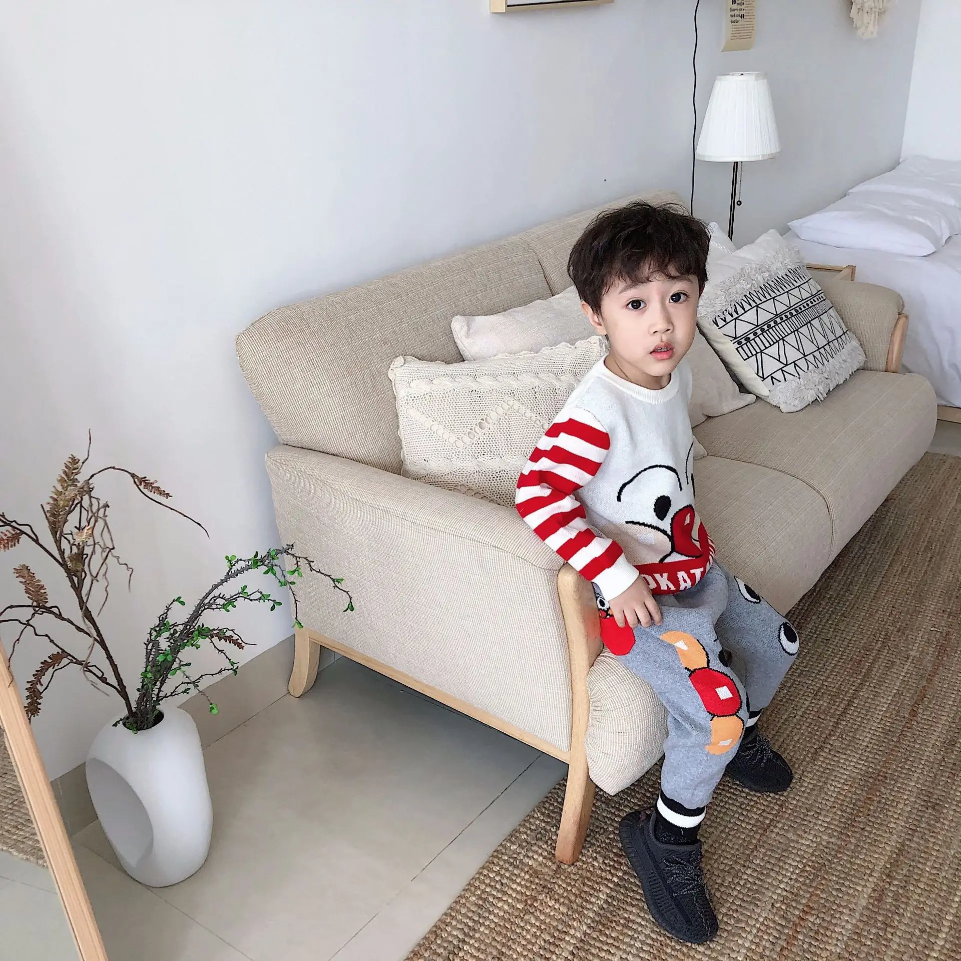 Tonytaobaby/осенне-зимняя одежда; стиль; Детский свитер; вязаная детская одежда с мультяшным рисунком; полосатые цветные рукава