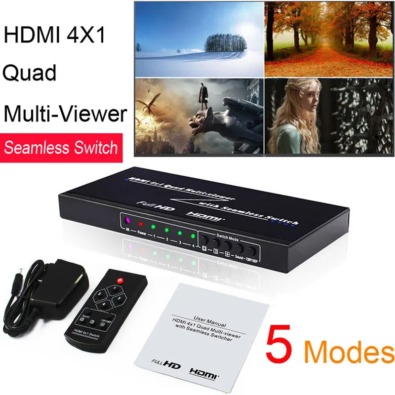 4X1 1080P HDMI Multi-viewer PIP Quad Screen Real Time Seamless Switcher Remote 