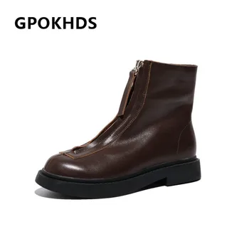 

GPOKHDS 2021 women Ankle boots Cow leather Winter short plush Round Toe Zipper Med heels female Riding boots size 40