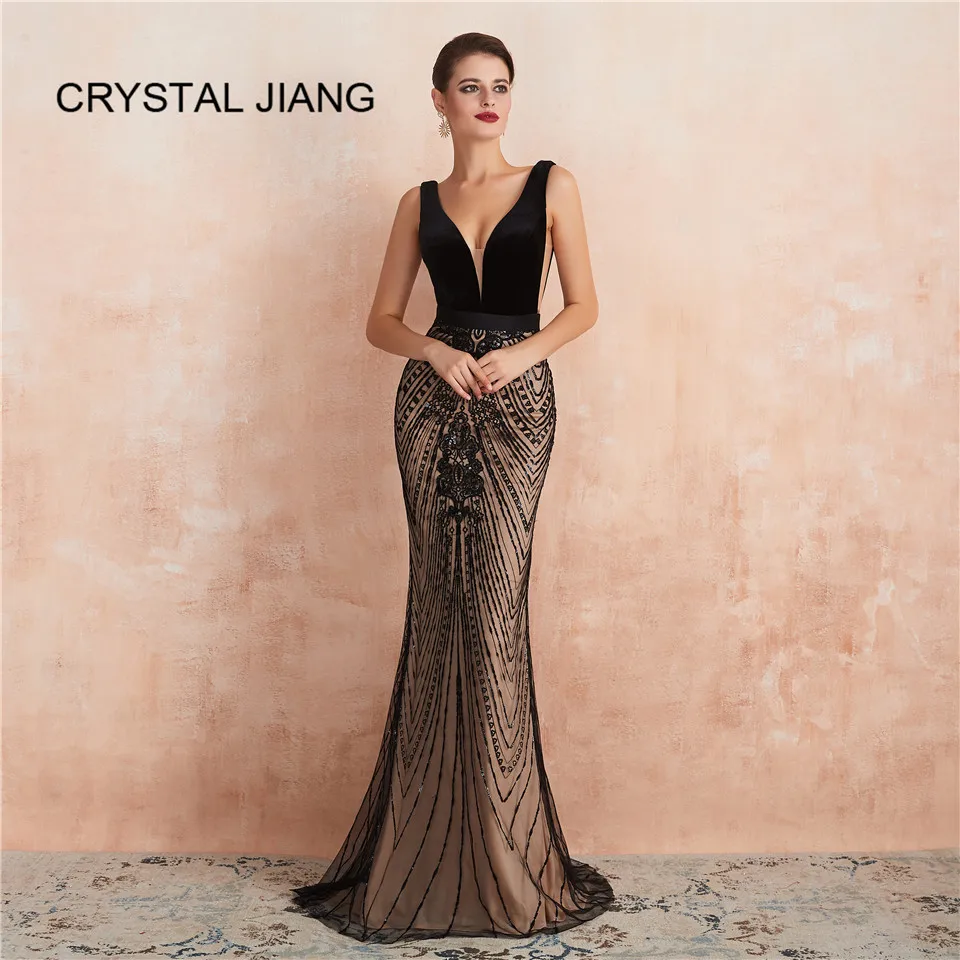 Mermaid Evening Dresses 2020 Sexy v-neck Sequin Open Back Custom made Party Gown Nude Lining Gowns | Свадьбы и торжества