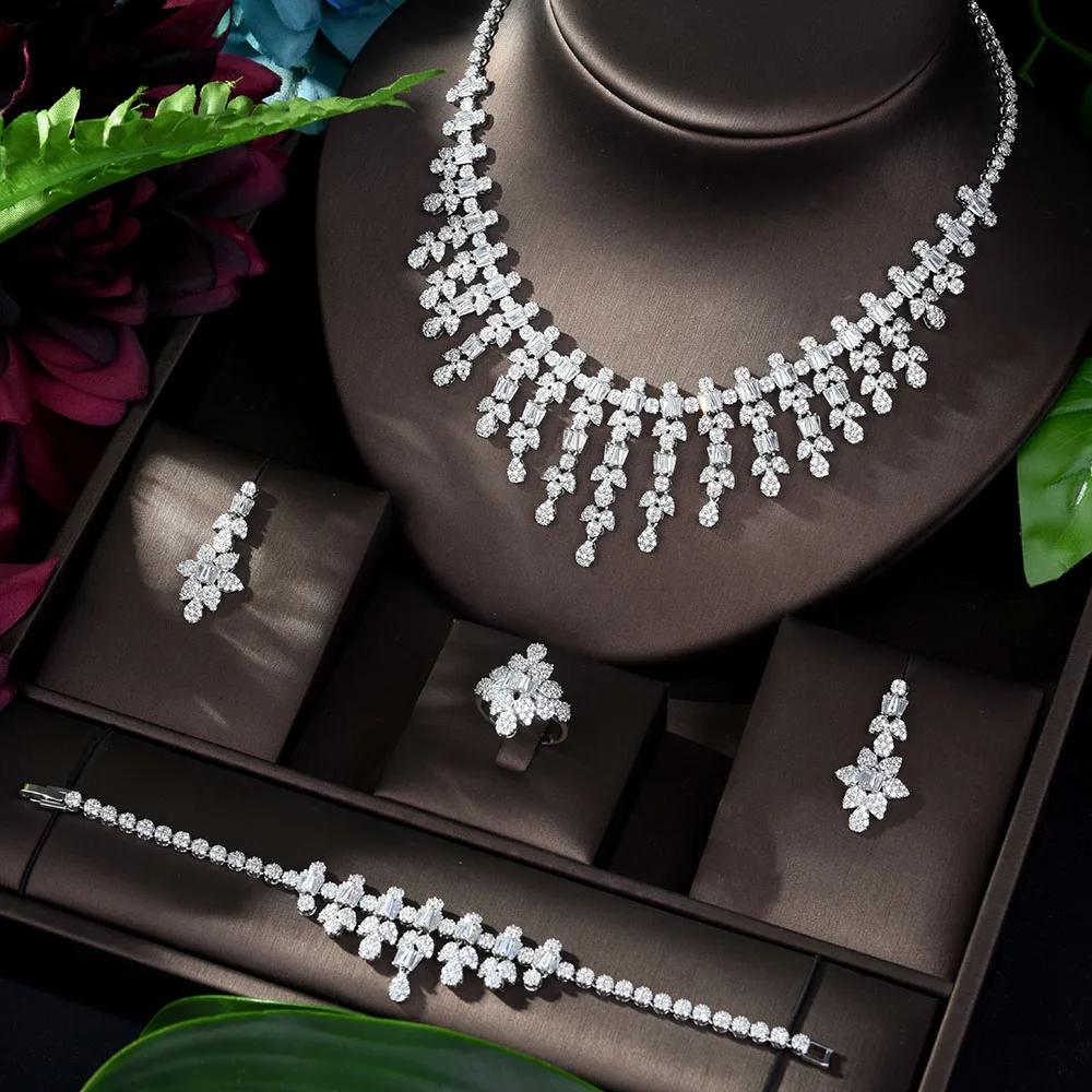 

HIBRIDE Fashion Leaf Wedding Jewelry Sets Charm Zirconia Women Accessories Necklace Earrings 4pc Set Bridal Jewelry Set N-1181