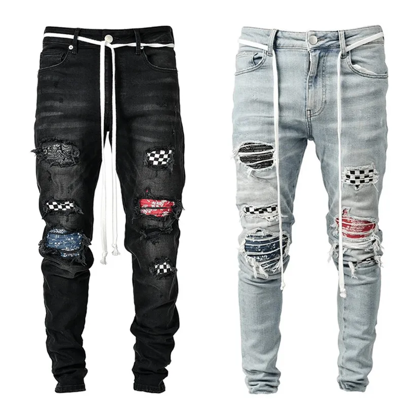 Ofertas Especiales Pantalones vaqueros ajustados rasgados de rejilla para hombre, pantalones vaqueros elásticos de retales, pantalones pitillo para Jogging de Hip-Hop, ropa para hombre 2020 jYQOMb0XgYa