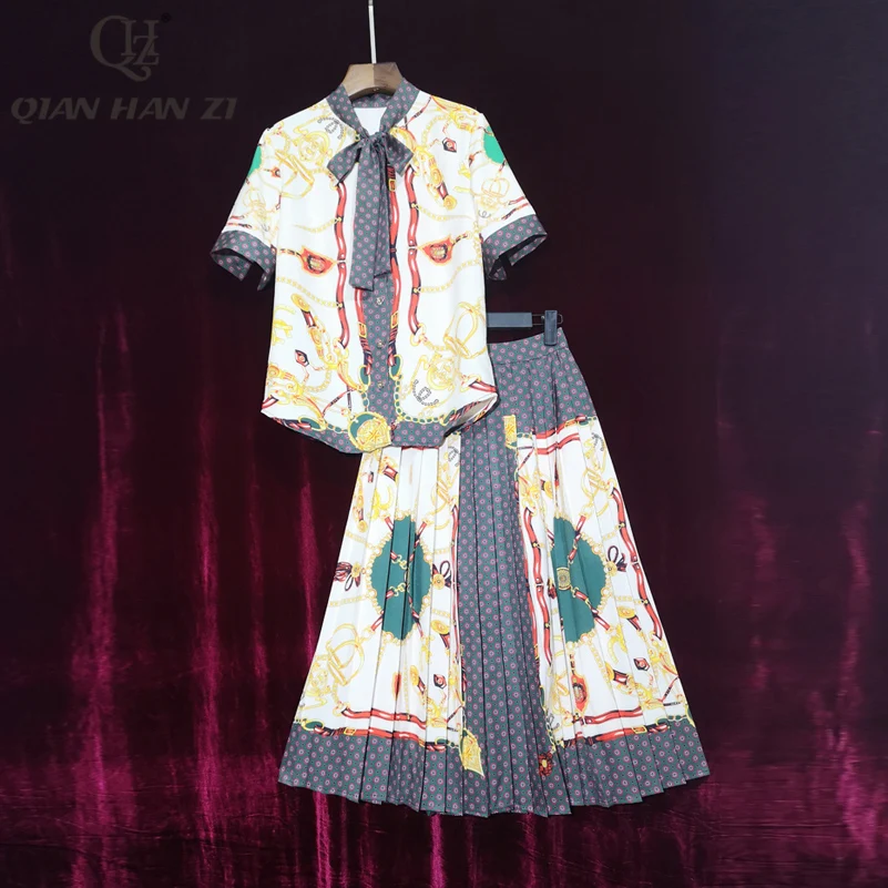 Qian Han Zi Fashion 2020 Summer two piece set Womens short-sleeved bow collar shirt+pleated vintage print Mid-length skirt suit Qian Han Zi Fashion 2020 Summer two piece set Womens short-sleeved bow collar shirt+pleated vintage print Mid-length skirt suit