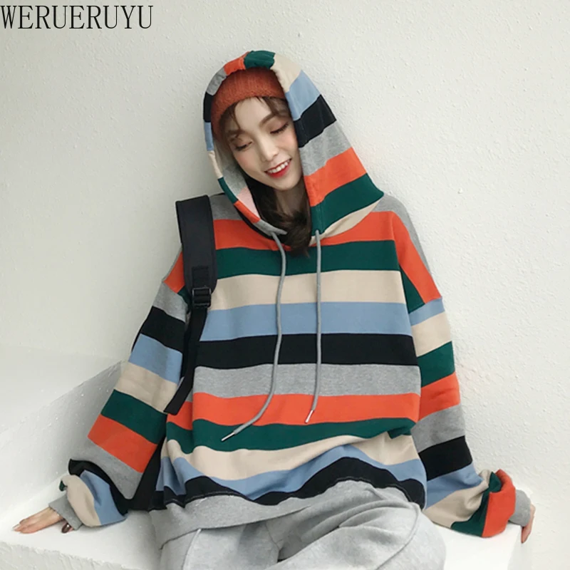 

New Women Oversized Striped Hooded Sweatshirt Embroidered Pullover Hoodie Contrasted Drawstring Hood Ribbed Cuffs and HemFOR2020