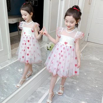 

Girls Dresses New Summer 4-13 years old Japanese and Korean Style Relief Printed Mesh Dress Lace Neckline Lotus Leaf Sleeves