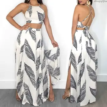 

Fashion Elegant Party Suit Set Top&Split Maxi Skirt Set Summer New Arrival Leaf Print Backless