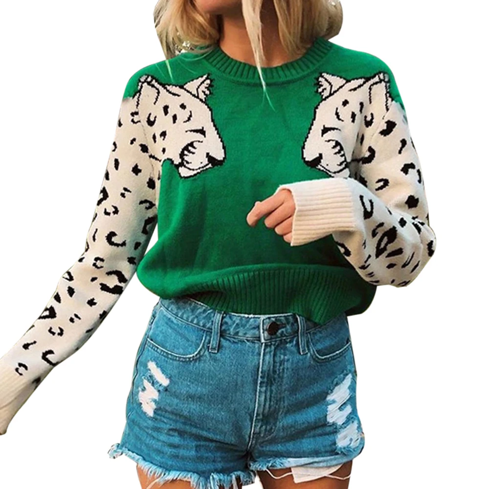 SFIT, Осенний вязаный укороченный свитер для женщин, Леопардовый узор, длинный рукав, вязаные свитера, пуловеры, женский свободный джемпер - Цвет: Green