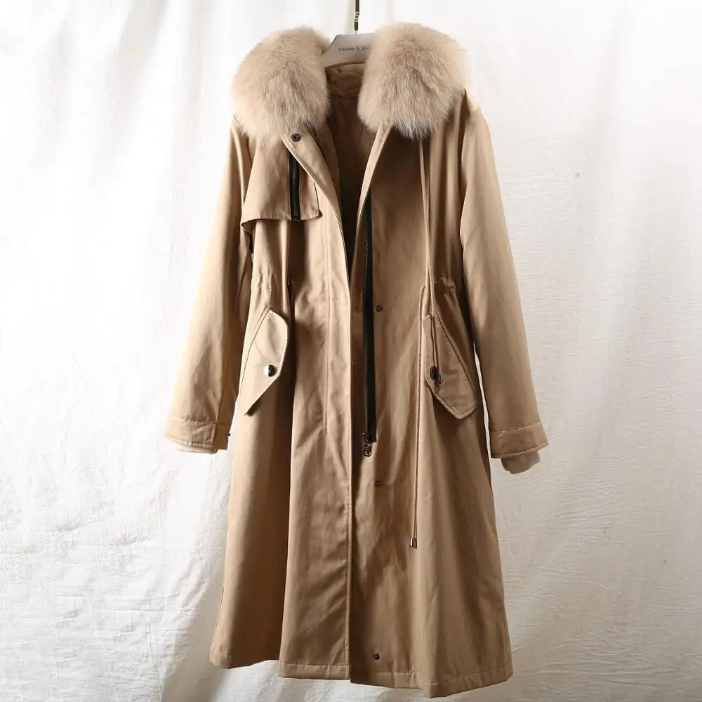 

2019 Real Fox Fur Collar Hood Coat Long Parkas Winter Jacket Women Natural Rabbit Fur Lining Detachable Outerwear Luxury
