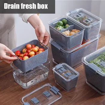 

Kitchen Plastic Storage Box Fresh-Keeping Refrigerator Fruit Vegetable Drain Crisper Kitchen Storage Containers HKS9