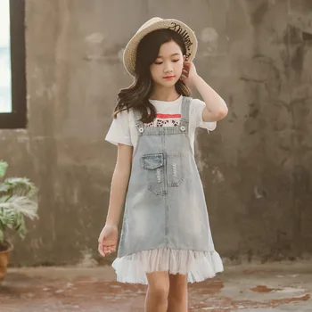 

summer Denim Slip dress 2020 new Kids Baby girl clothes lace Jeans Dresses For Girl teenager Clothes Vestido 6 8 9 10 11 12 year
