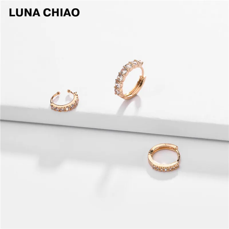 

LUNA CHIAO Trendy Popular Zirconia Cooper Mini Hoop Huggies Cuff Earring Set of 3