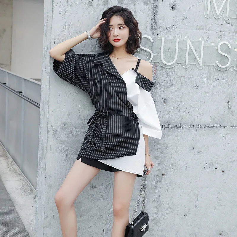 

[EWQ] 2019 Spring Summer High Quality Lapel Half Sleeve Hit Colors Striped Asymmetrical Lace Up Blouse Femals Shirt Women AH174