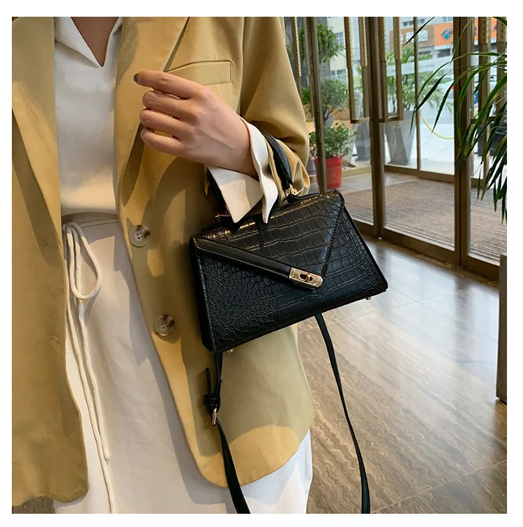 Women Small Top Handle Bag Luxury Brand Trapezoid Shaped Handbag for Women Girls Crocodile Print PU Leather Cross body Bag Beige (10)