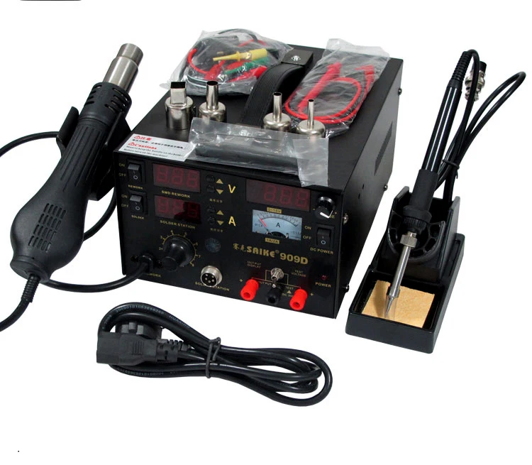 

SAIKE 909D 3 in 1 Hot air gun soldering station Rework stations Desoldering station DC regulated power supply 15V 1A