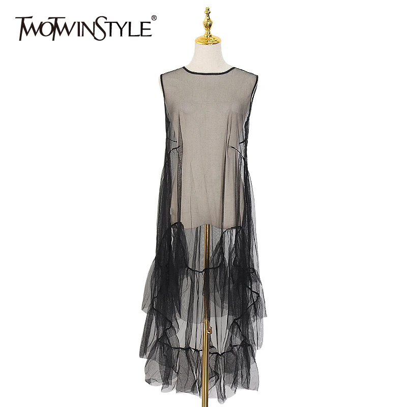 Платье с круглым вырезом TWOTWINSTYLE весеннее свободное Сетчатое платье без рукавов
