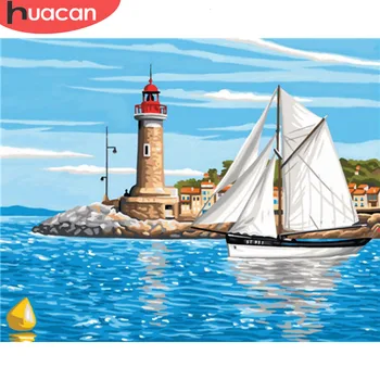 

HUACAN Oil Painting By Numbers Sea Scenery Kits Drawing Canvas DIY HandPainted Pictures Sailboat Coloring Art Gift Home Decor