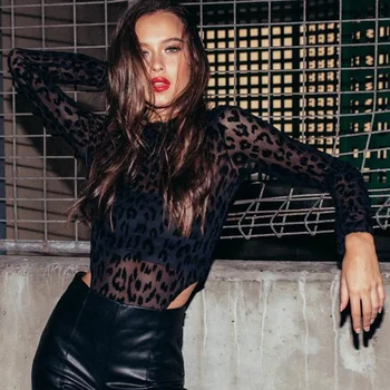 

Fashion Leopard Print Bodysuits Sexy Long Sleeve Romper Turtleneck Bodycon Jumpsuit For Women Autumn Body Suit one piece