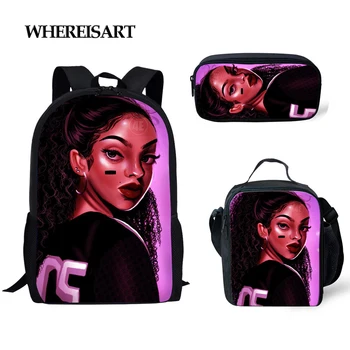 

WHEREISART 3pcs/set Afro Chilren School Bags Black Art Girls Print Book Bags for Teenager Girls Child School Backpacks Satchel