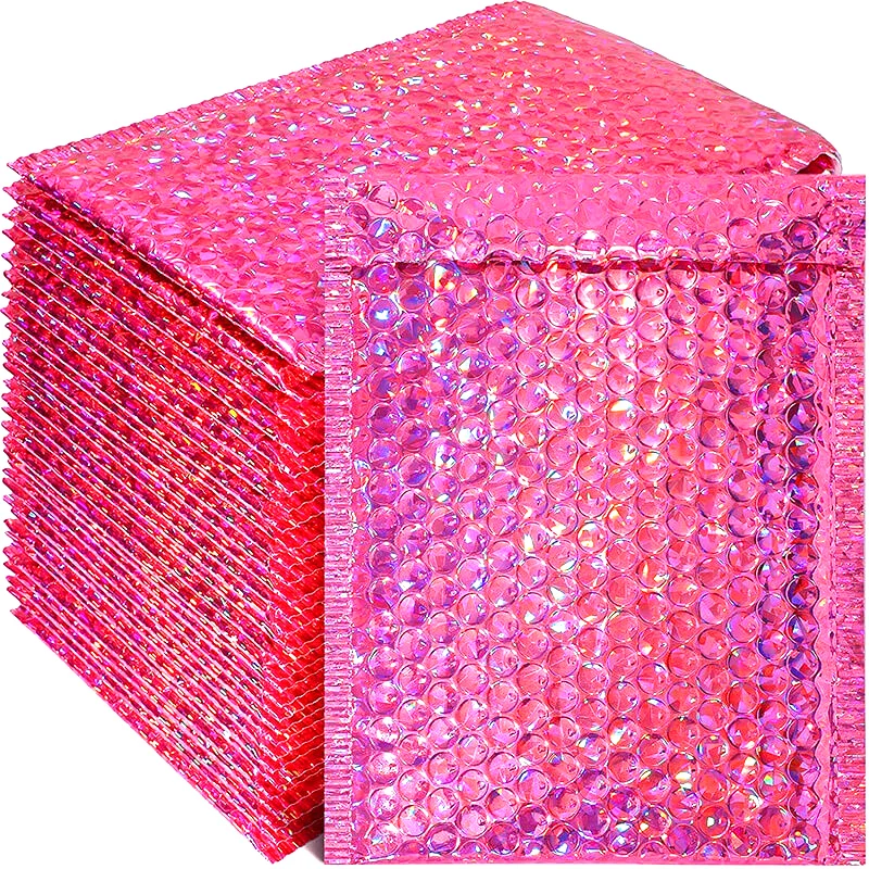 New 50Pcs/pack Laser Rose Red Packaging Shipping Bubble Mailer Gold Foil Plastic Padded Envelopes Gift Bag Mailing Envelope Bag