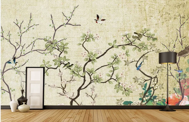 Пользовательские обои настенные фото стены китайский цветок и птица фон стены-высококачественный водонепроницаемый материал - Цвет: Светло-зеленый
