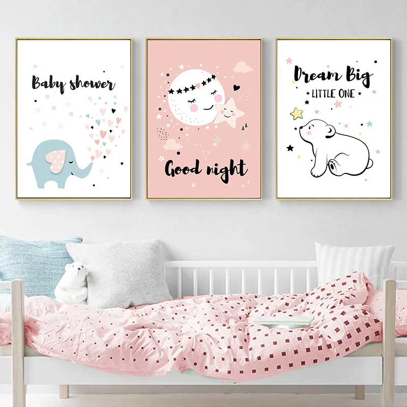 

Cute Cartoon Elephant Bear Nursery Quotes Wall Art Canvas Painting Nordic Posters and Prints Wall Pictures Baby Kids Room Decor