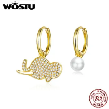 

WOSTU Genuine 925 Sterling Silver Protect Elephant Gold Hoop Earrings Shiny CZ Pearls Animal Earrings For Women Jewelry CTE371