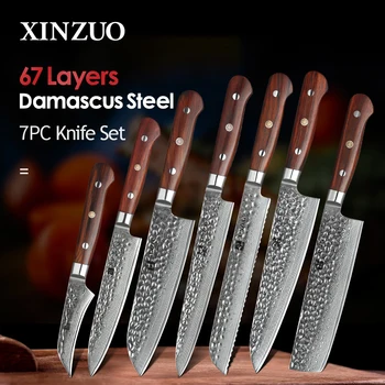 

XINZUO 7PCS Kitchen Knife Set Damascus Steel Blades Chef Knife Sets Santoku Utility Paring Cooking Tools kitchen Rosewood Handle