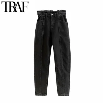 

TRAF Women Vintage Chic Pockets High Waisted Jeans Zipper Fly Paperbag Elastic Waist Female Denim Pants Pantalones Mujer