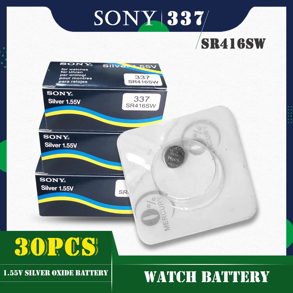Pilas de botón de óxido de plata para reloj SONY, paquete de un solo grano, 337 SR416SW 1,55 V, LR416 337A AG6, 30 unids/lote