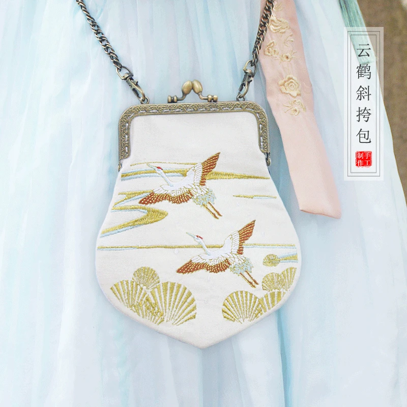 

[Qian li] Crane Gold Embroidered Purse Frame Bag Cross-body Purse Frame Bag with Chain Retro-style Accessories Bag