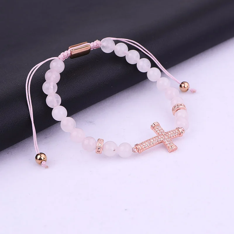 Fashion New Design Women Bracelet CZ Pave Cross Charm Natural Stone Braided Beads Bracelet Women Lady - Image 3