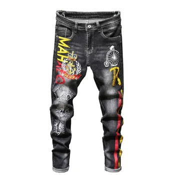 

Men's Elastic Skinny Pencil Jeans Pants Embroidered Appliques Hole Fashion Slim Denim Pants 2020 New