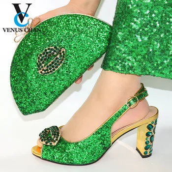 

2020 Concise Style New Arrival Green Color African Shoes with Matching Bags Set Shoe and Bag Set for Party In Women