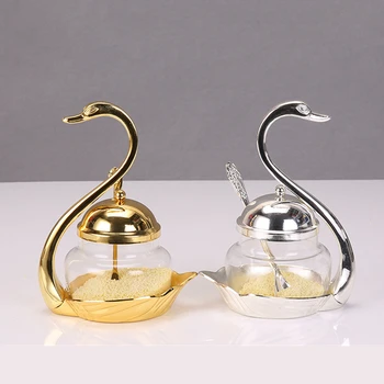 

Unique Swan Jars European Style Gold Silver Finish Metal Glass Salt/Sugar/Tea/Coffee Jar Tableware Dinnerware Home Table Decor