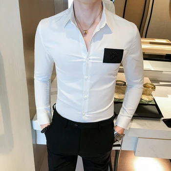 

British Style Mens Dress Shirts 2020 New Solid Tuxedo Shirt Men Long Sleeve All Match Slim Fit Casual Men's Social Shirts 3XL-M