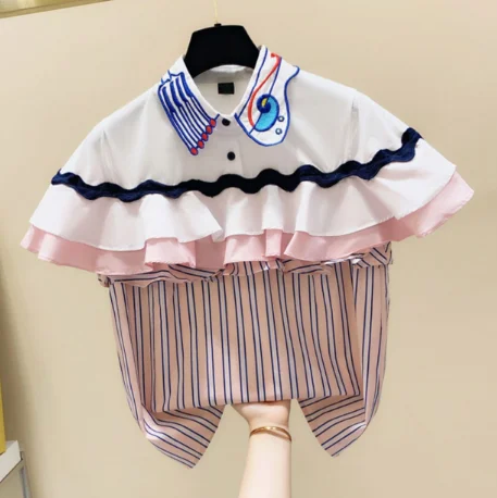 

Striped Ruffles Embroidered Color Matching Short Sleeve Shirt Women's 2020 Summer Korean-Style Top Fashion Blouse Blusas Mujer