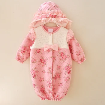 

2019 Winter Newborn Baby Girl Clothes Thicken Floral Princess Jumpsuit Clothing Sets Girls Bodysuit+ Hats 0-12M